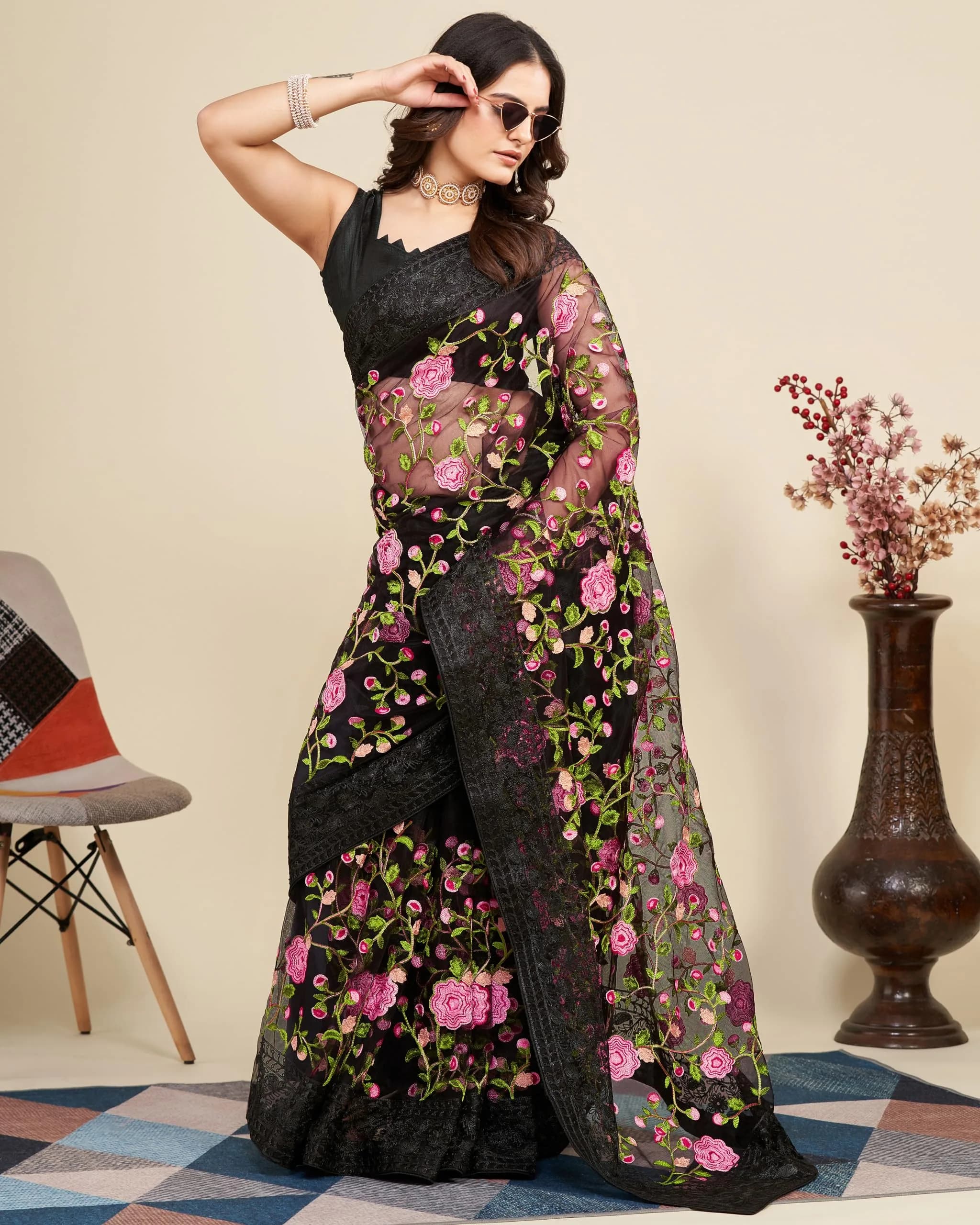 VAIRAGEE Black Georgette Embroidery Floral Saree with Unstitched Blouse | 5.5m Saree, 0.8m Blouse - view 4