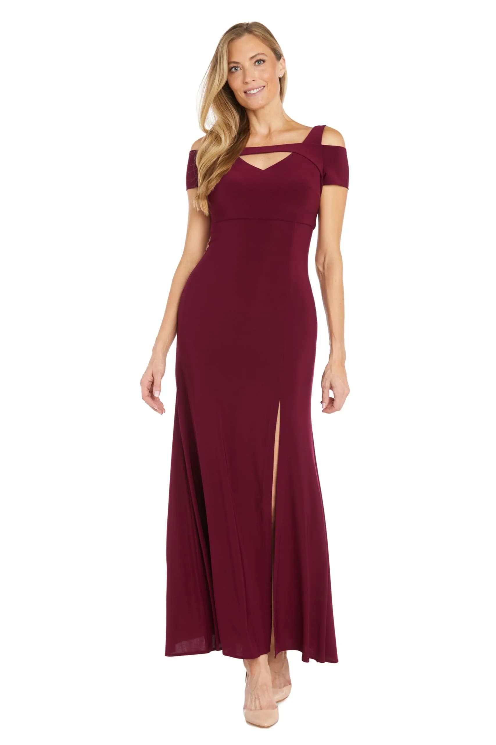 Nightway Women's Elegant Cold Shoulder Maxi Dress Merlot | Front Slit Evening Gown 14 US — Merlot