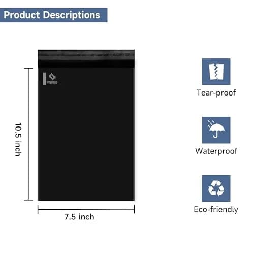 KKBESTPACK 7.5x10.5 Inch Poly Mailers (100 Pack, Black) | USA Imported Value Pack for Small Business Shipping thumbnail 2
