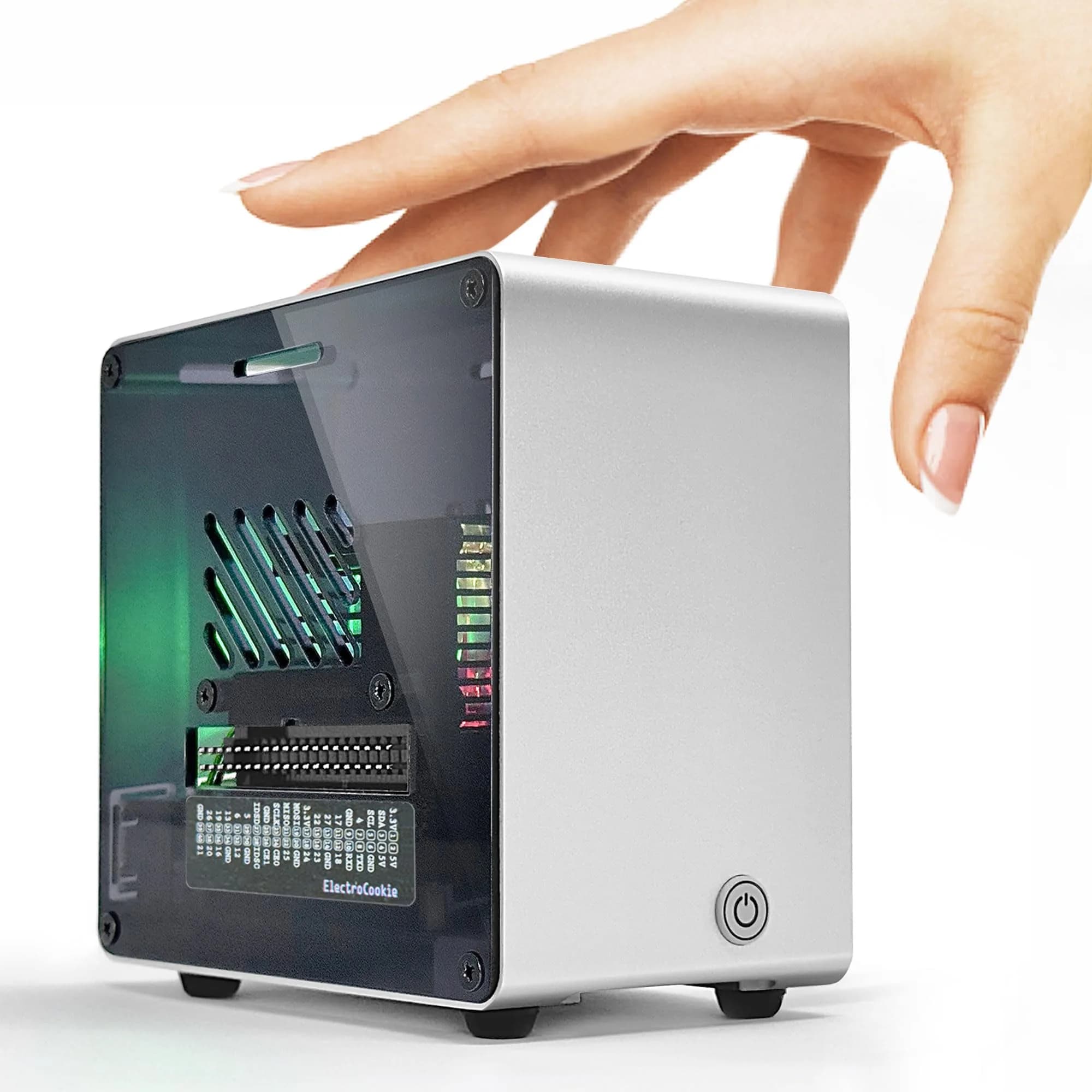 ElectroCookie Aluminum Mini Tower Case for Raspberry Pi 5 with RGB Fan & Ambient Light (Silver) | 11.99cm x 7.70cm x 12.30cm