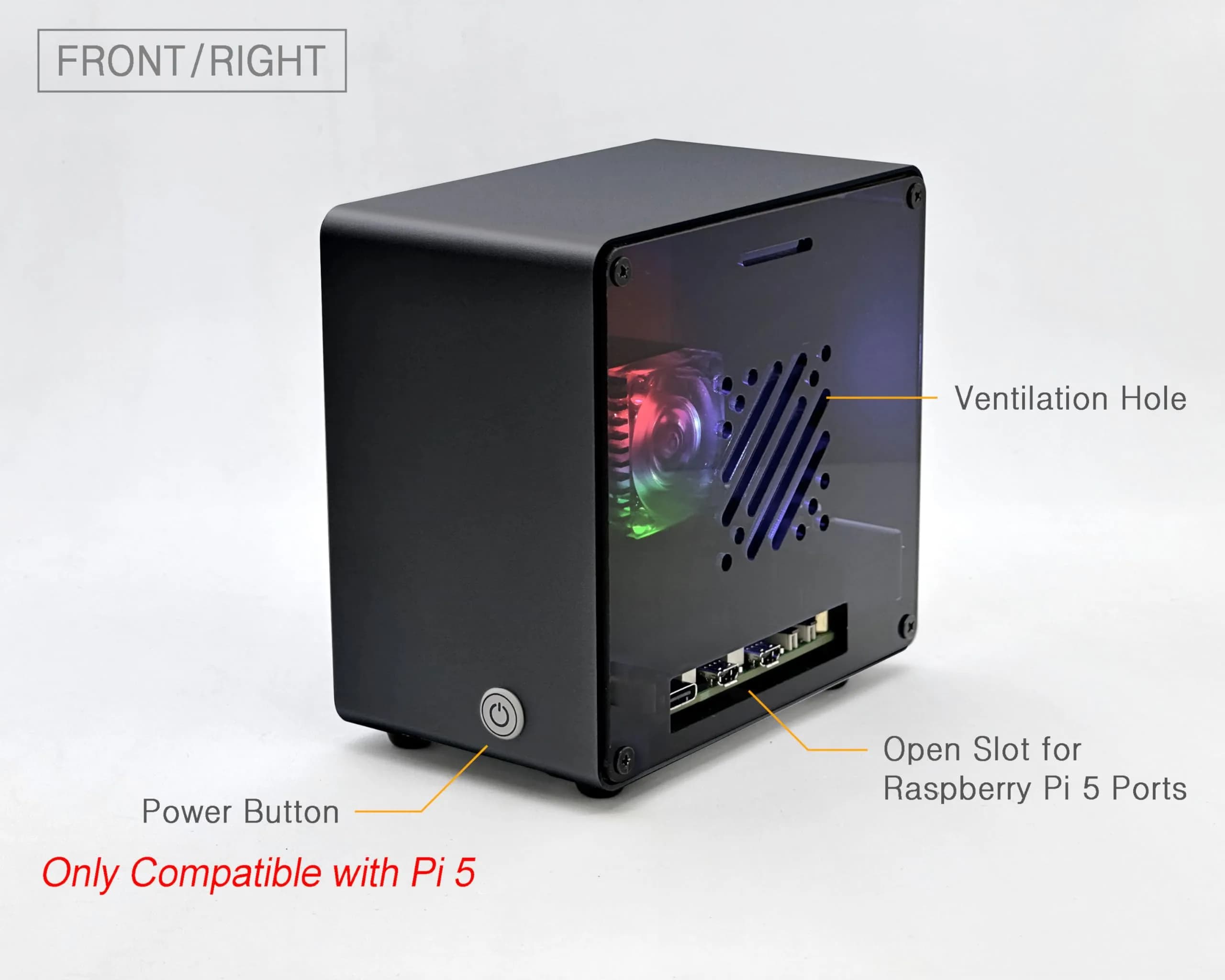 ElectroCookie Raspberry Pi 5 Case Aluminum Mini Tower with RGB Fan & Ambient Light (Black) thumbnail 3