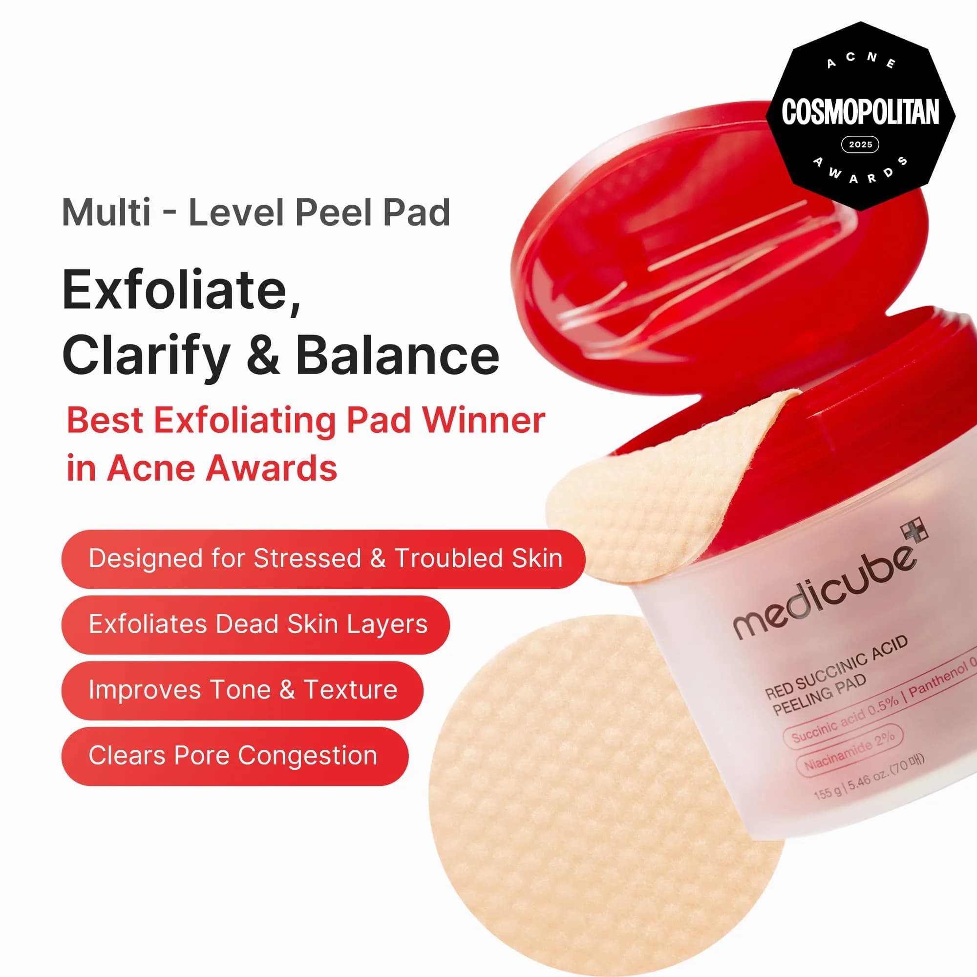 medicube Red Succinic Acid Panthenol Toner Pads 70 Count (Pack of 1) | Exfoliating Pads for Acne-Prone Skin - view 2