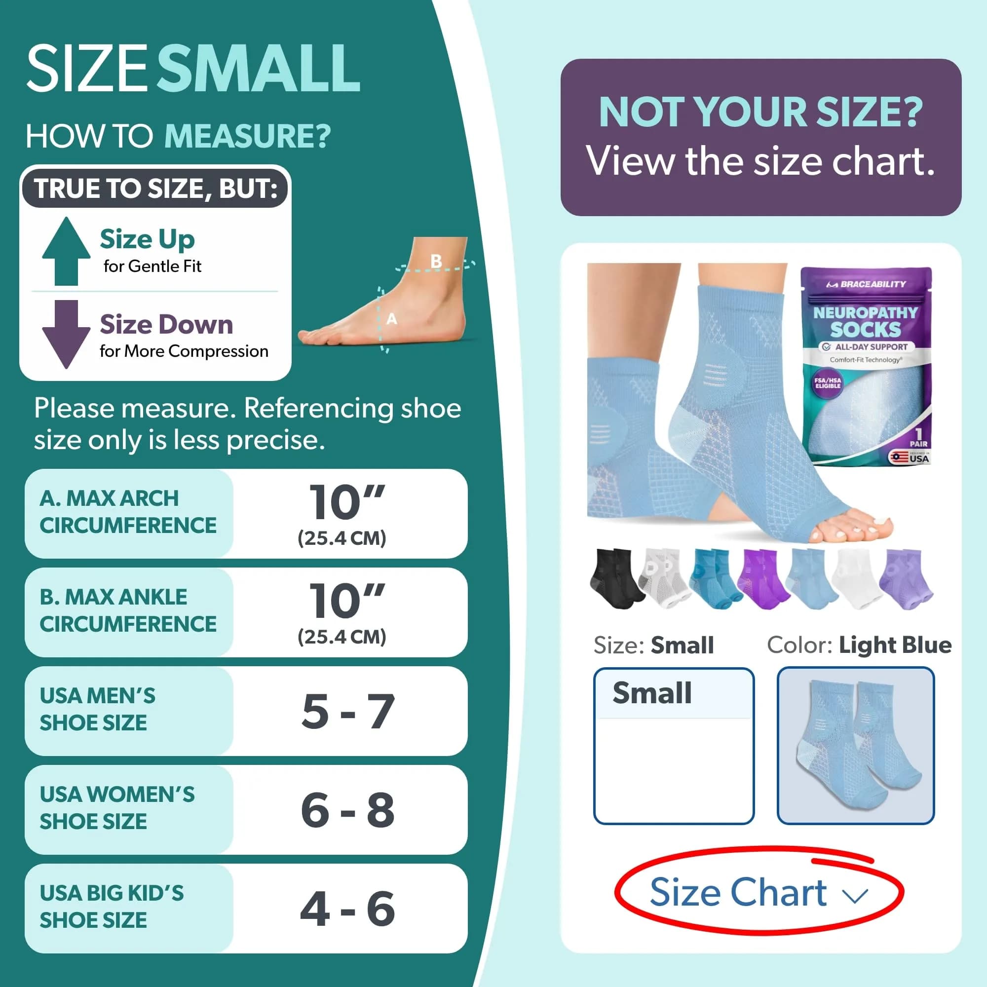 BraceAbility Neuropathy Socks - Small, Light Blue | FDA Approved Medical Compression for Nerve Pain - view 2