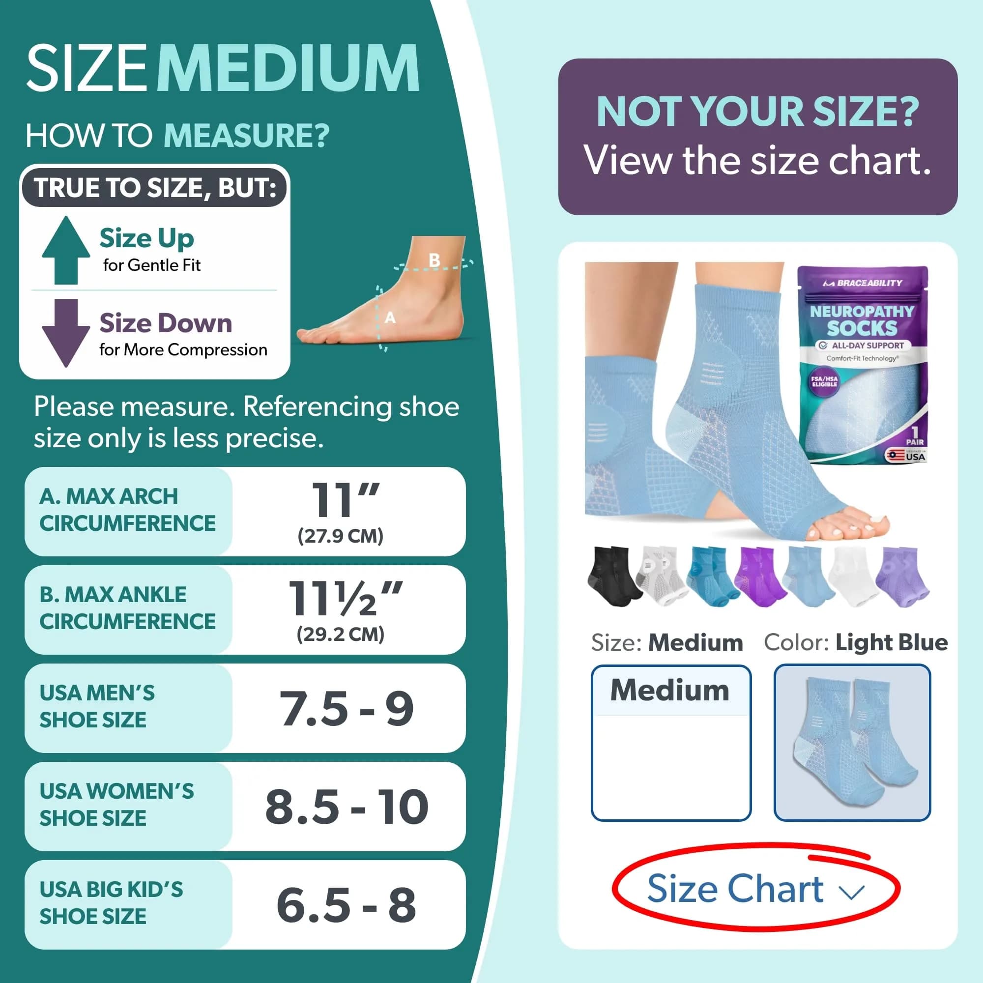 BraceAbility Neuropathy Socks (Pair) - Light Blue Medium | FDA Approved Diabetic Foot Sleeves for Nerve Pain Relief - view 2