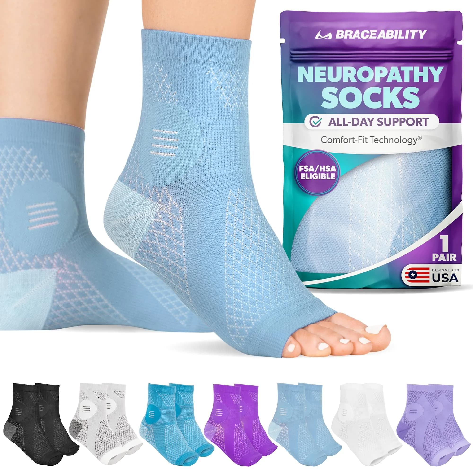 BraceAbility Neuropathy Socks X-Large in Light Blue - FDA Approved Medical Compression for Nerve Pain - main product image