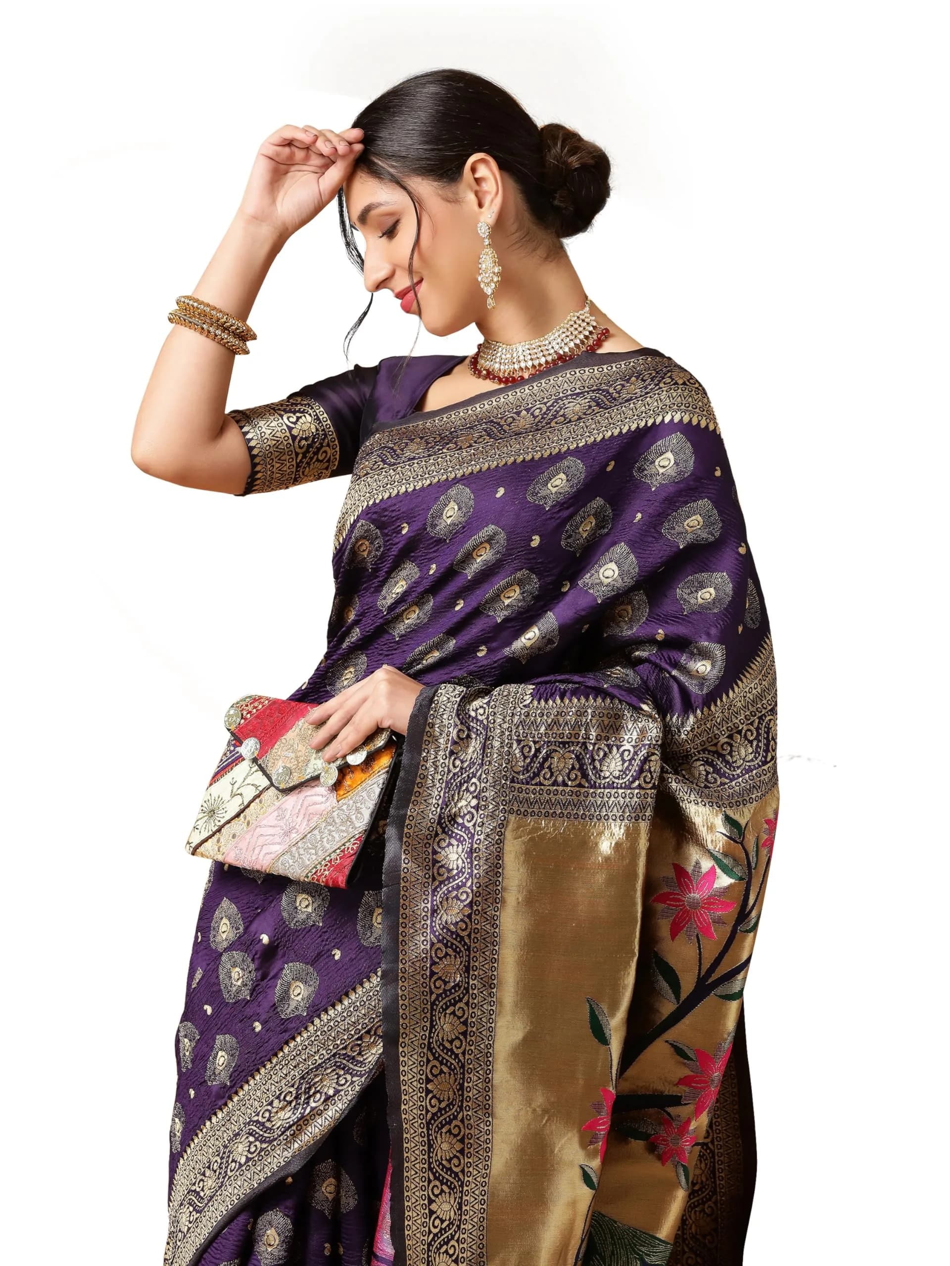 EthnicJunction Women's Paithani Silk Blend Saree With Blouse Piece, Purple, 5.5m (5.3 Meter) | Authentic Indian Weave — Purple