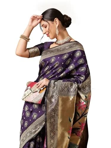 EthnicJunction Women's Paithani Silk Blend Saree With Blouse Piece, Purple, 5.5m (5.3 Meter) | Authentic Indian Weave thumbnail 1