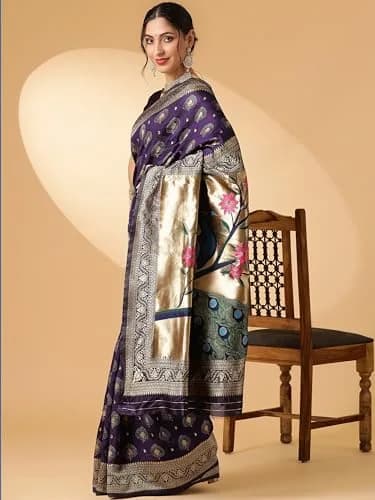 EthnicJunction Women's Paithani Silk Blend Saree With Blouse Piece, Purple, 5.5m (5.3 Meter) | Authentic Indian Weave thumbnail 4