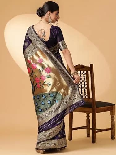EthnicJunction Women's Paithani Silk Blend Saree With Blouse Piece, Purple, 5.5m (5.3 Meter) | Authentic Indian Weave thumbnail 5