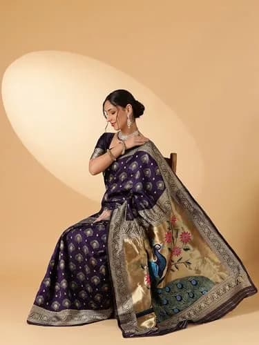 EthnicJunction Women's Paithani Silk Blend Saree With Blouse Piece, Purple, 5.5m (5.3 Meter) | Authentic Indian Weave thumbnail 6