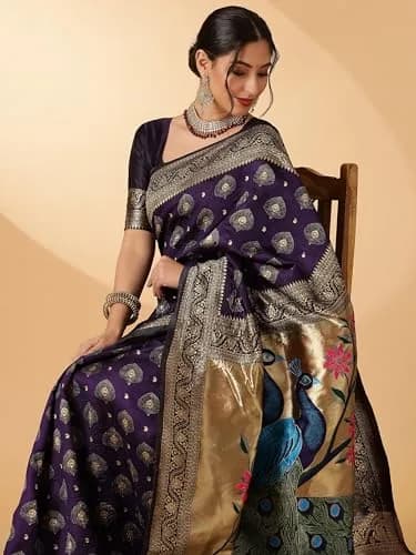 EthnicJunction Women's Paithani Silk Blend Saree With Blouse Piece, Purple, 5.5m (5.3 Meter) | Authentic Indian Weave thumbnail 2