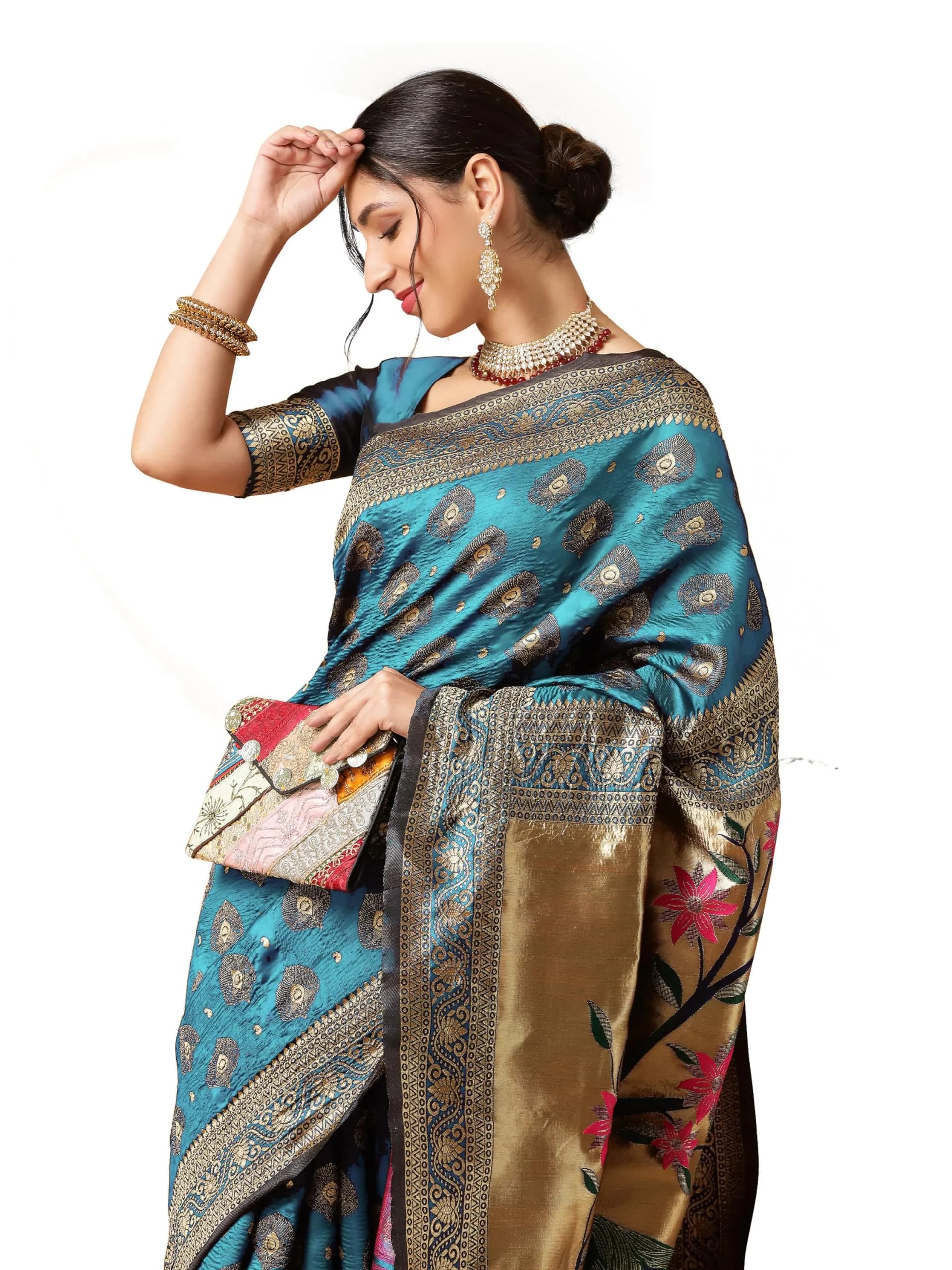 EthnicJunction Paithani Silk Blend Woven Saree With Blouse Piece, Sky Blue, 5.3m (5.8yd) | Authentic Indian Weave — Sky Blue