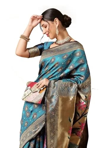 EthnicJunction Paithani Silk Blend Woven Saree With Blouse Piece, Sky Blue, 5.3m (5.8yd) | Authentic Indian Weave thumbnail 1