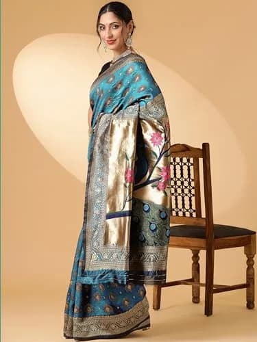 EthnicJunction Paithani Silk Blend Woven Saree With Blouse Piece, Sky Blue, 5.3m (5.8yd) | Authentic Indian Weave thumbnail 4