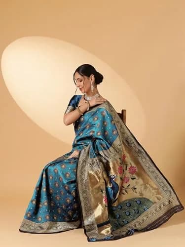 EthnicJunction Paithani Silk Blend Woven Saree With Blouse Piece, Sky Blue, 5.3m (5.8yd) | Authentic Indian Weave thumbnail 5