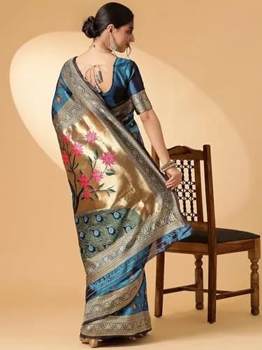 EthnicJunction Paithani Silk Blend Woven Saree With Blouse Piece, Sky Blue, 5.3m (5.8yd) | Authentic Indian Weave thumbnail 6