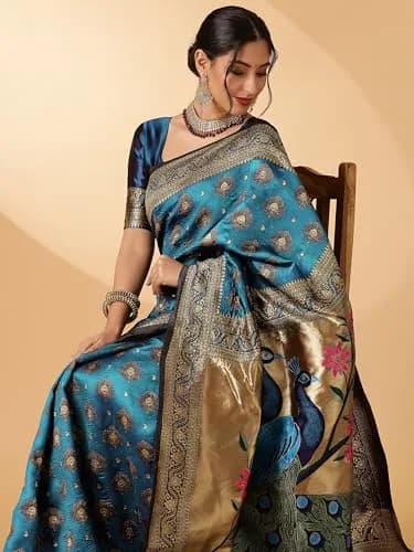 EthnicJunction Paithani Silk Blend Woven Saree With Blouse Piece, Sky Blue, 5.3m (5.8yd) | Authentic Indian Weave thumbnail 2