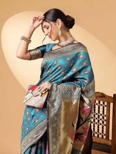 EthnicJunction Paithani Silk Blend Woven Saree With Blouse Piece, Sky Blue, 5.3m (5.8yd) | Authentic Indian Weave thumbnail 3