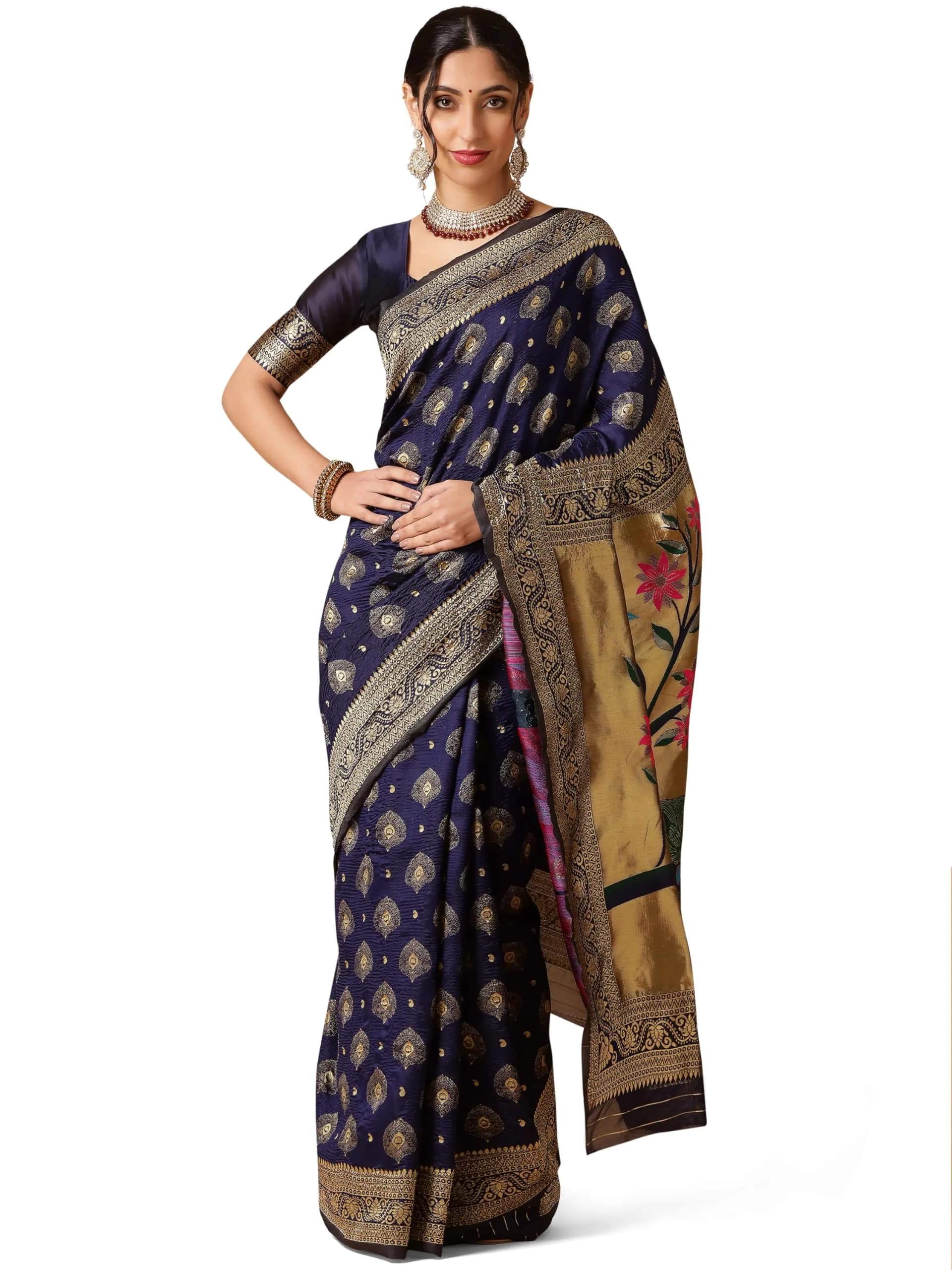 EthnicJunction Women's Paithani Silk Blend Saree With Blouse Piece, Navy Blue, 5.5m (5.3 Meter) | Authentic Indian Weave — Navy Blue