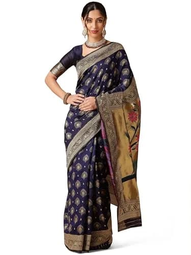 EthnicJunction Women's Paithani Silk Blend Saree With Blouse Piece, Navy Blue, 5.5m (5.3 Meter) | Authentic Indian Weave thumbnail 1