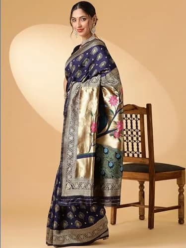EthnicJunction Women's Paithani Silk Blend Saree With Blouse Piece, Navy Blue, 5.5m (5.3 Meter) | Authentic Indian Weave thumbnail 4