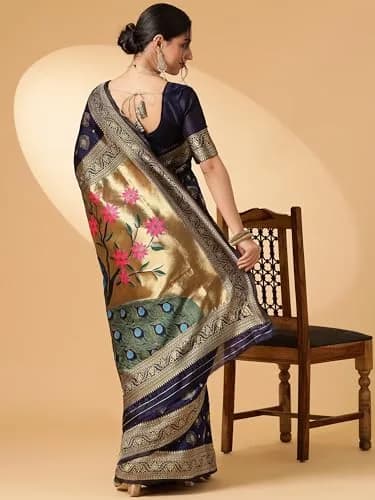 EthnicJunction Women's Paithani Silk Blend Saree With Blouse Piece, Navy Blue, 5.5m (5.3 Meter) | Authentic Indian Weave thumbnail 6