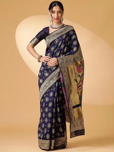 EthnicJunction Women's Paithani Silk Blend Saree With Blouse Piece, Navy Blue, 5.5m (5.3 Meter) | Authentic Indian Weave thumbnail 7
