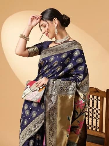 EthnicJunction Women's Paithani Silk Blend Saree With Blouse Piece, Navy Blue, 5.5m (5.3 Meter) | Authentic Indian Weave thumbnail 2