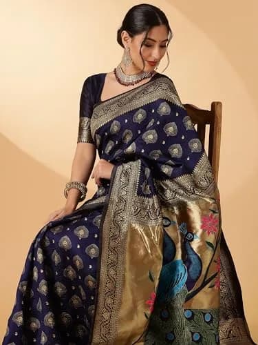 EthnicJunction Women's Paithani Silk Blend Saree With Blouse Piece, Navy Blue, 5.5m (5.3 Meter) | Authentic Indian Weave thumbnail 3