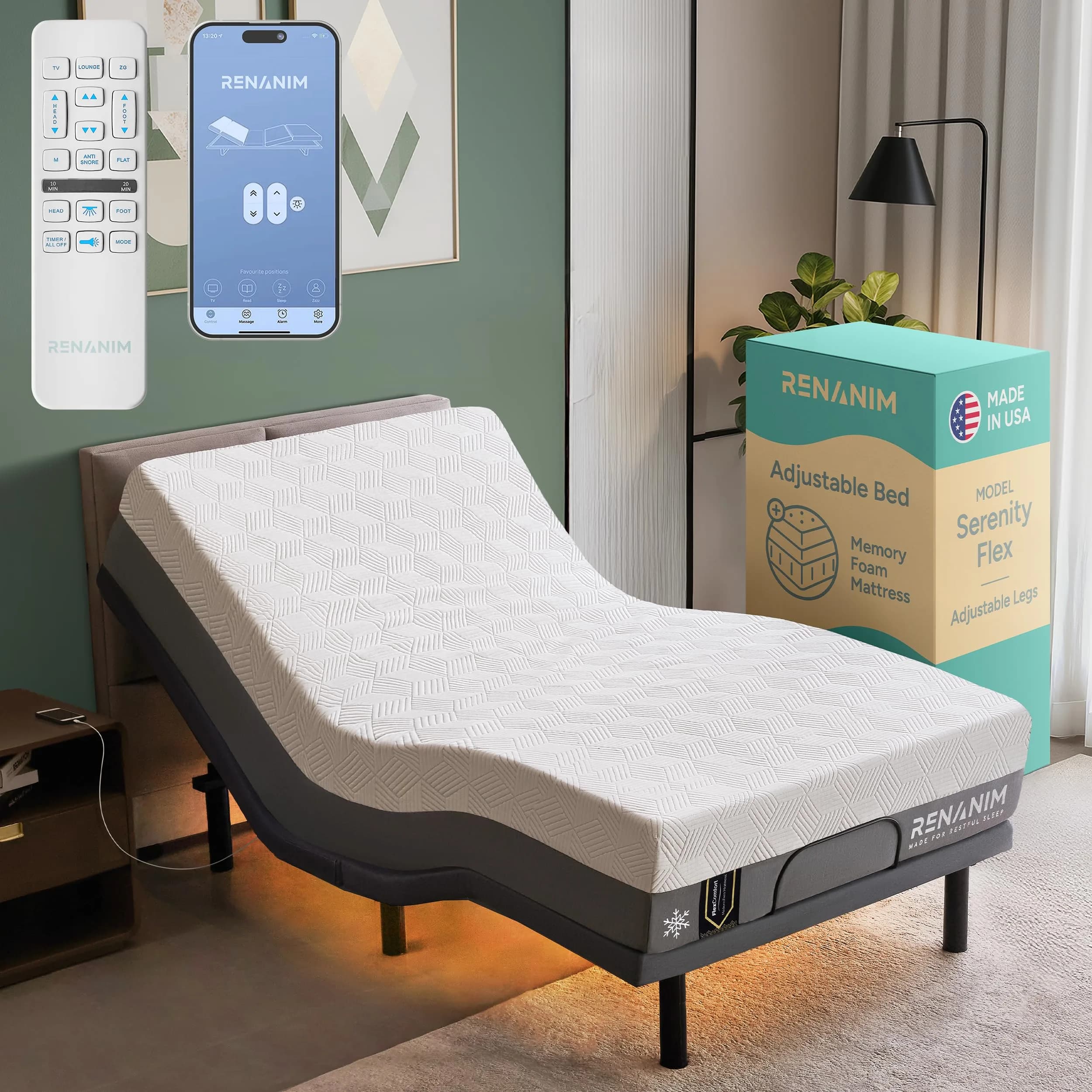 Renanim Twin XL Adjustable Bed Frame & 12" Cooling Gel Memory Foam Mattress | Zero Gravity, Massage, USB Ports
