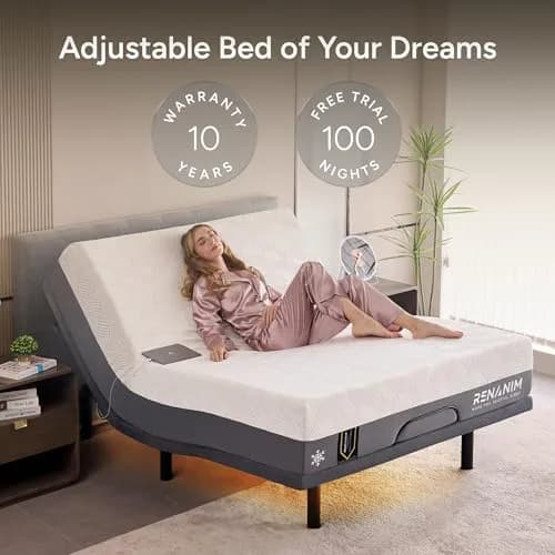 Renanim Twin XL Adjustable Bed Frame & 12" Cooling Gel Memory Foam Mattress | Zero Gravity, Massage, USB Ports thumbnail 2