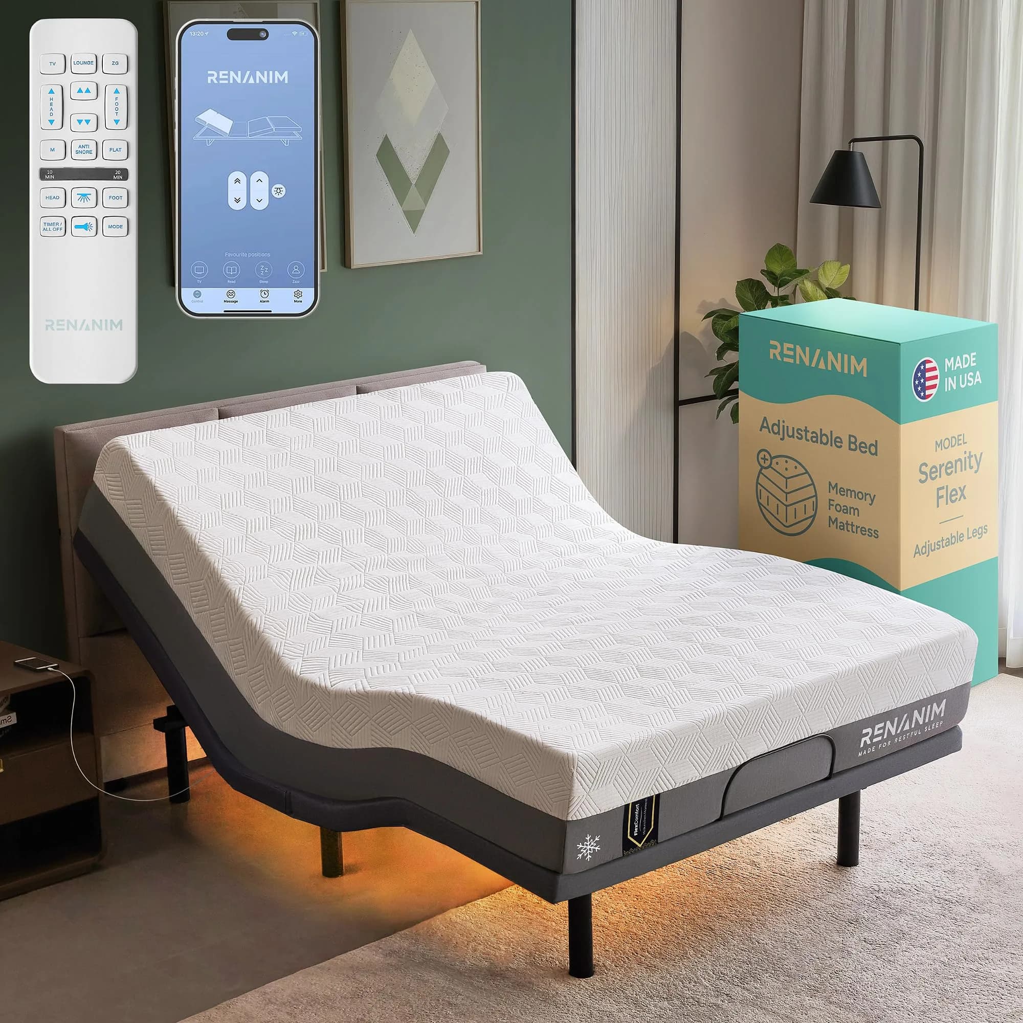 Renanim Twin XL Adjustable Bed Frame & 12" Cooling Gel Memory Foam Mattress | Zero Gravity, Massage, USB Ports — Full / Adjustable Bed + Medium Soft Mattress