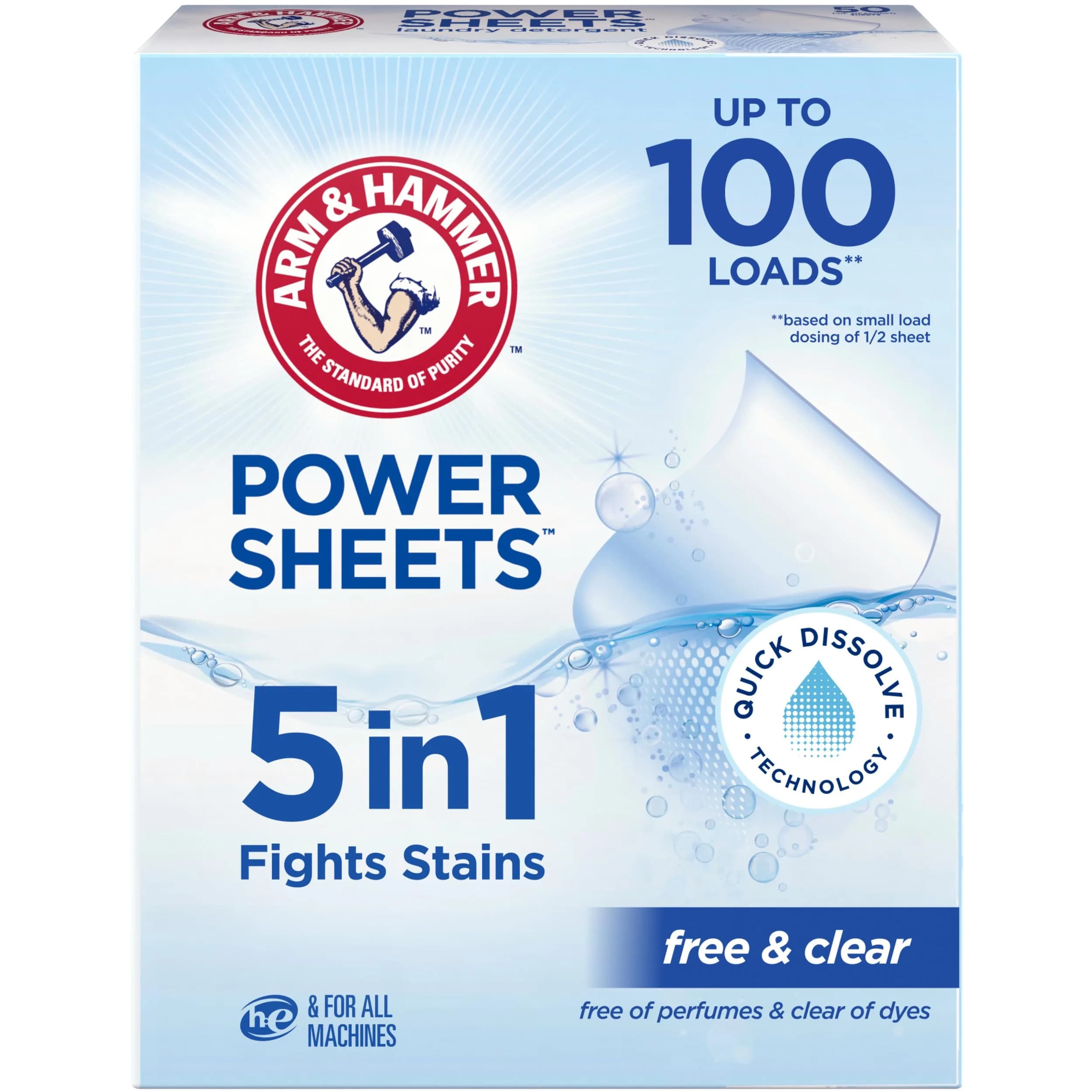 ARM & HAMMER 5in1 Power Sheets Free & Clear Laundry Detergent, 50 Count | Eco-Friendly Concentrated Formula - main product image