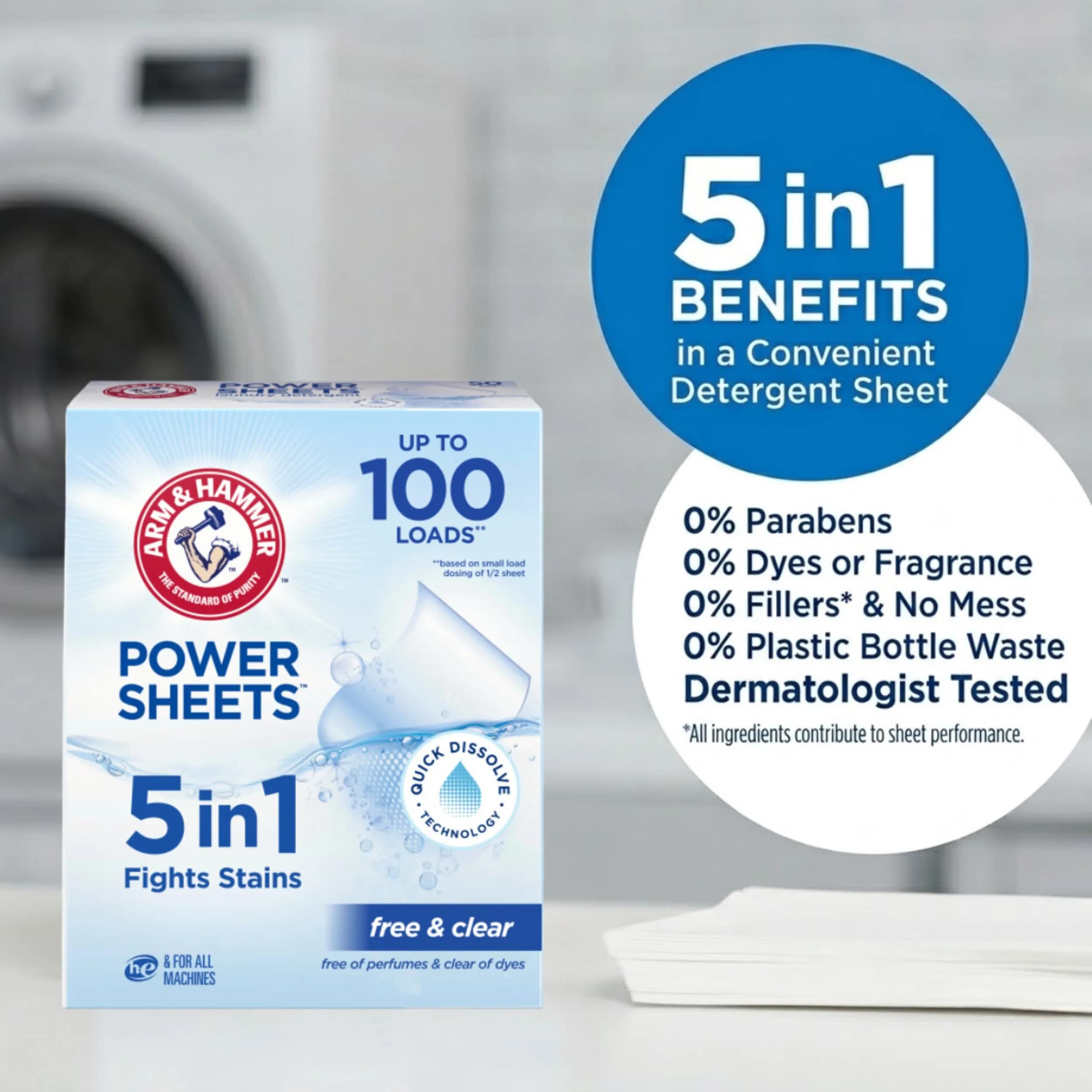 ARM & HAMMER 5in1 Power Sheets Free & Clear Laundry Detergent, 50 Count | Eco-Friendly Concentrated Formula - view 2