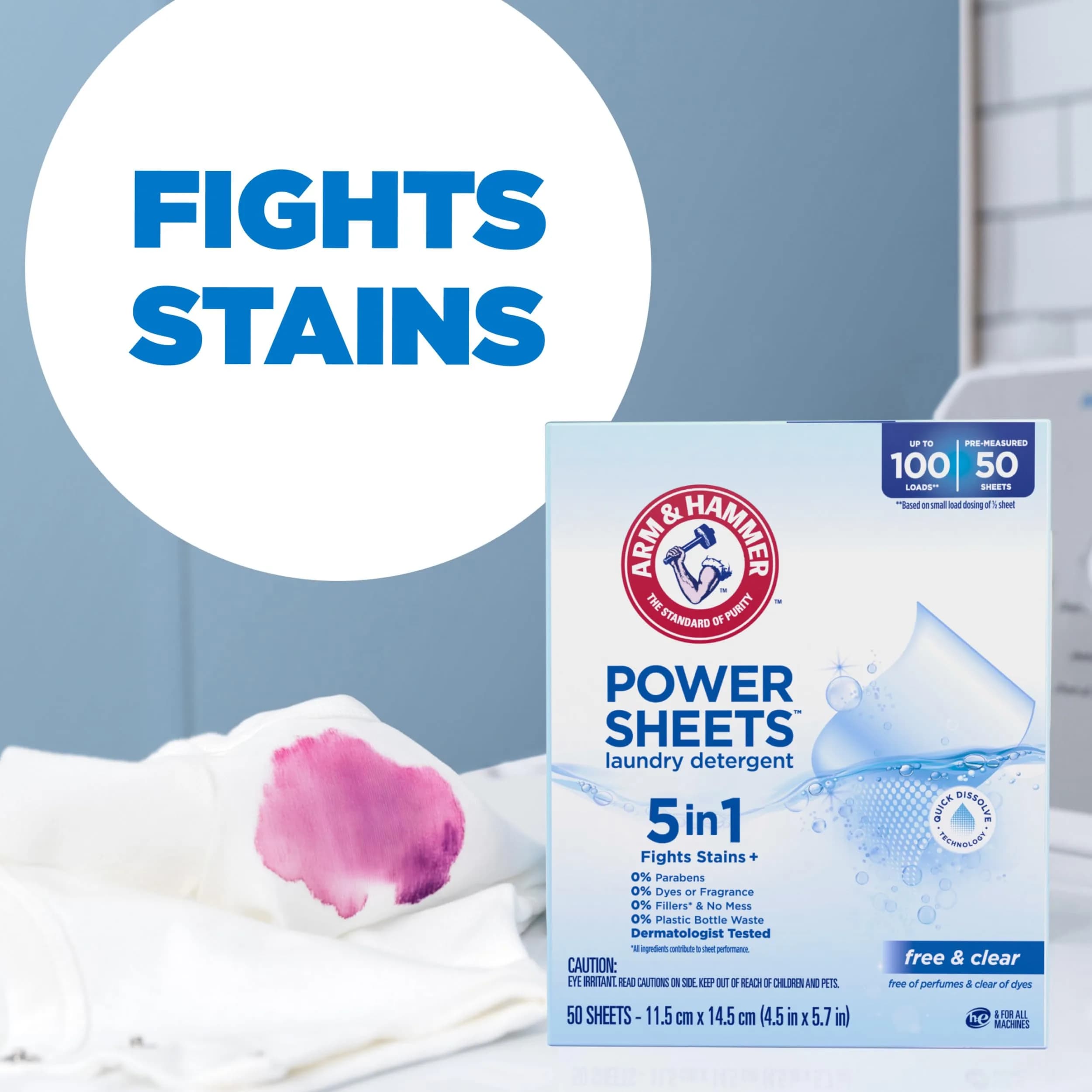 ARM & HAMMER 5in1 Power Sheets Free & Clear Laundry Detergent, 50 Count | Eco-Friendly Concentrated Formula - view 3