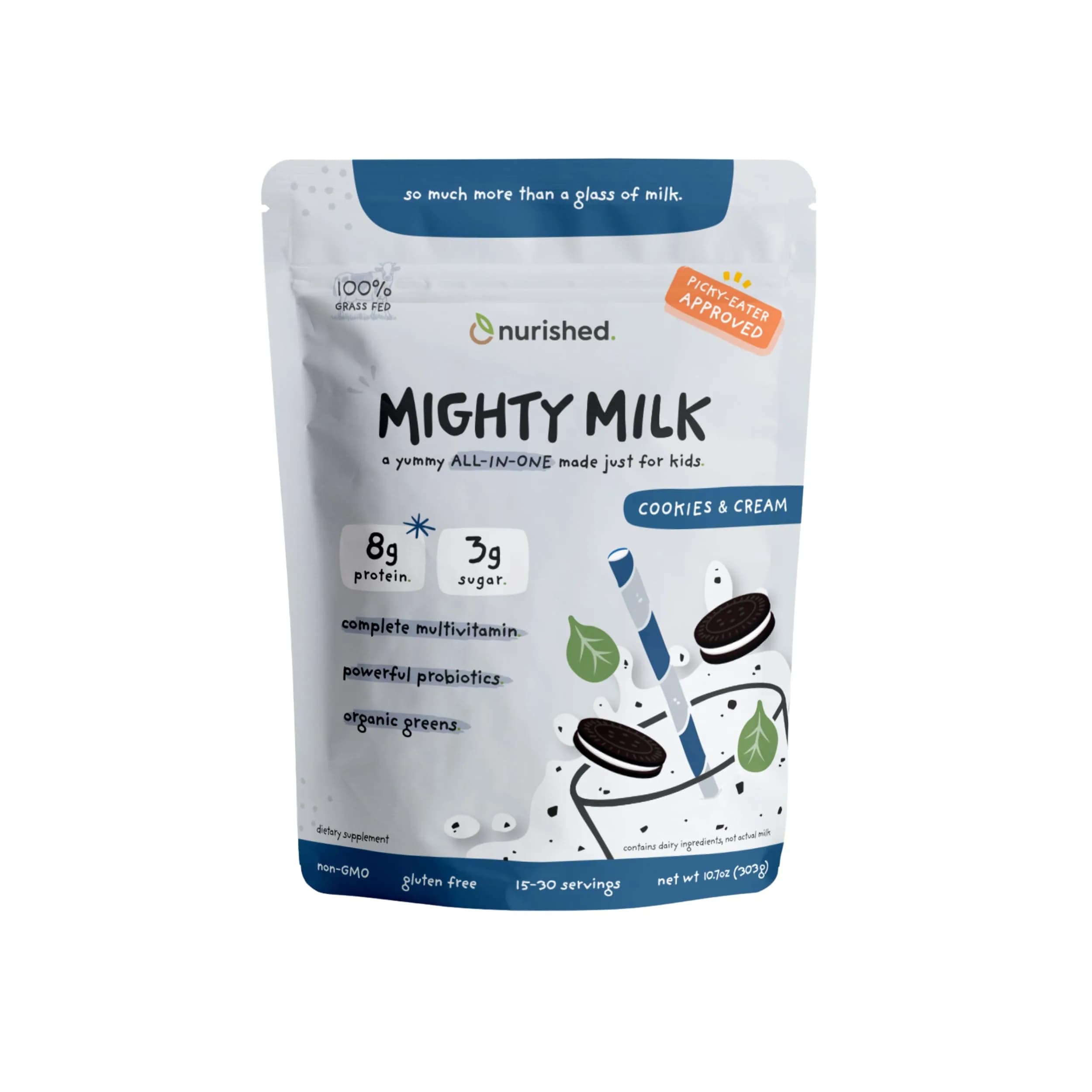 Nurished Cookies & Cream Mighty Milk 10oz | Kids All-in-One Protein & Multivitamin Support