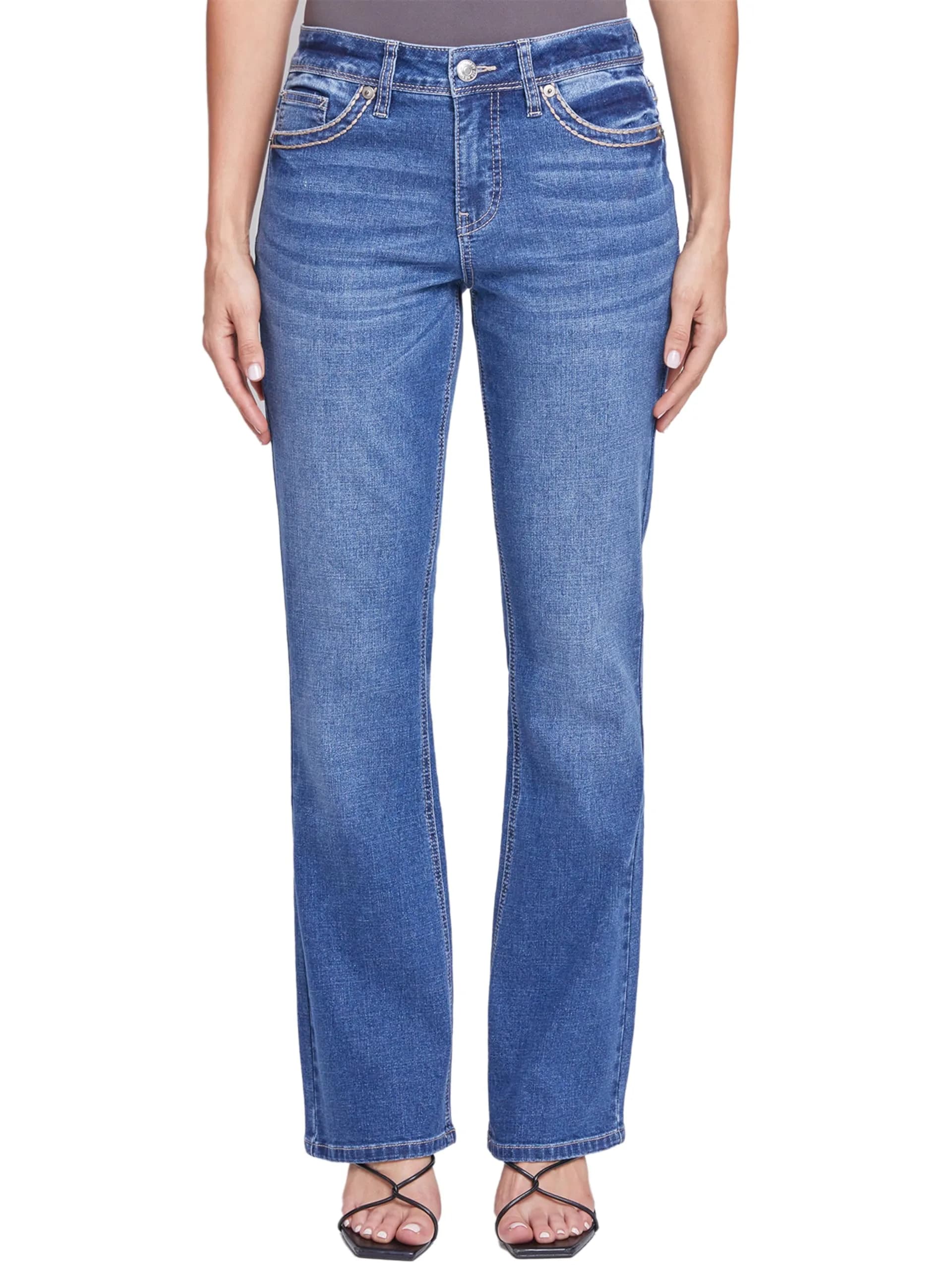 Royalty For Me Women’s Mid-Rise Studded Cross Flap Pocket Boot Cut Jean, Medium Blue Rips, 08 | Stylish Western-Style Denim for Women — Medium Blue Rips