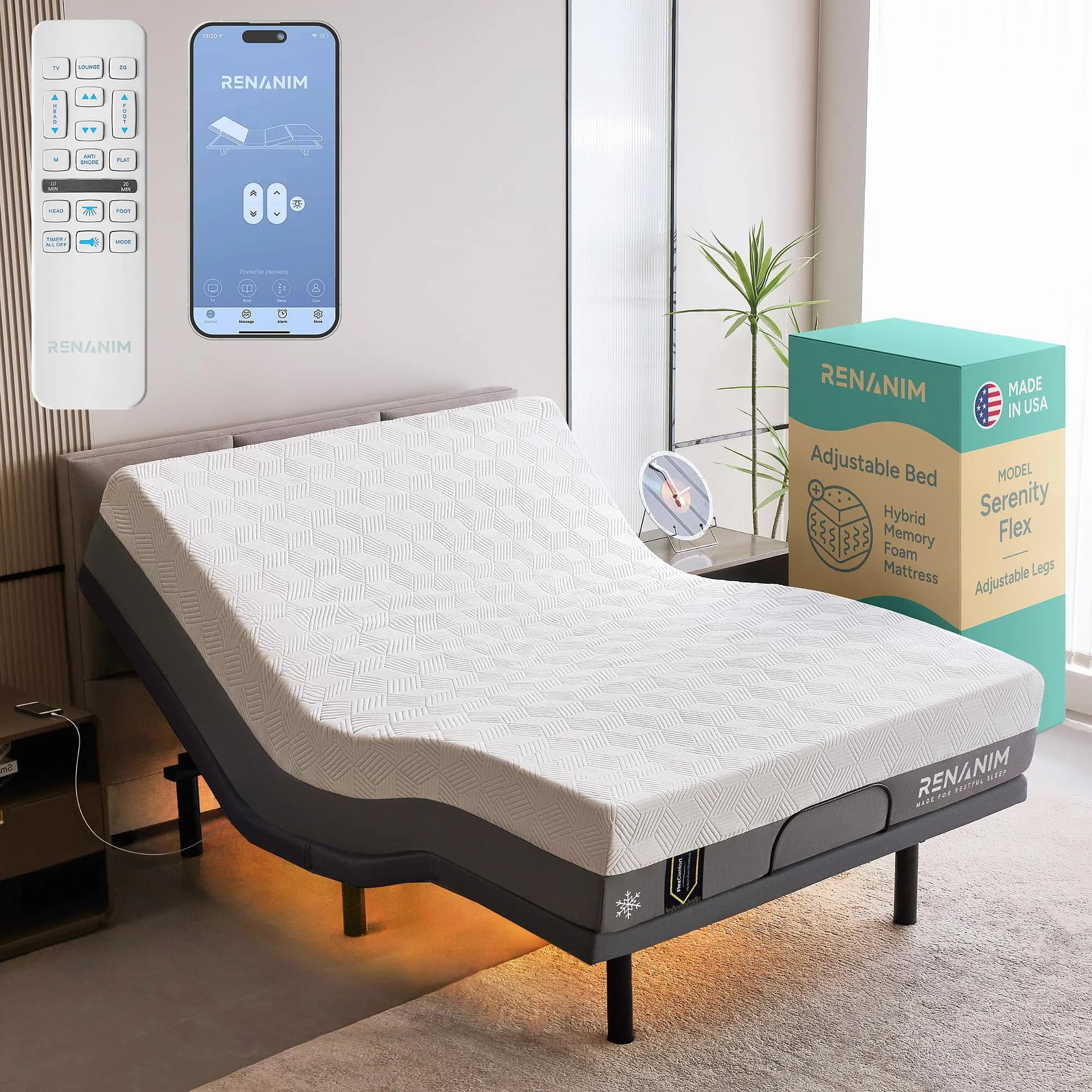 Renanim TwinXL Adjustable Bed Frame with Mattress | 12" Hybrid Memory Foam, Zero Gravity, Massage, USB Ports — Queen / Adjustable Bed with 14" Hybrid Mattress