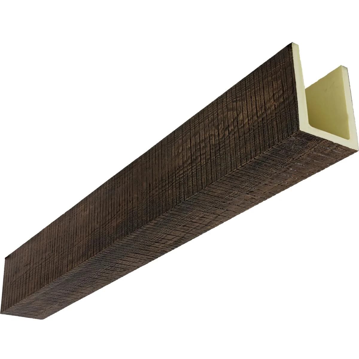 Ekena Millwork 5 1/2"W x 5 1/2"H x 24-ft. L 3-Sided U-Beam HeritageTimber Faux Wood Ceiling Beam, Kona Brown | Lightweight, authentic wood look