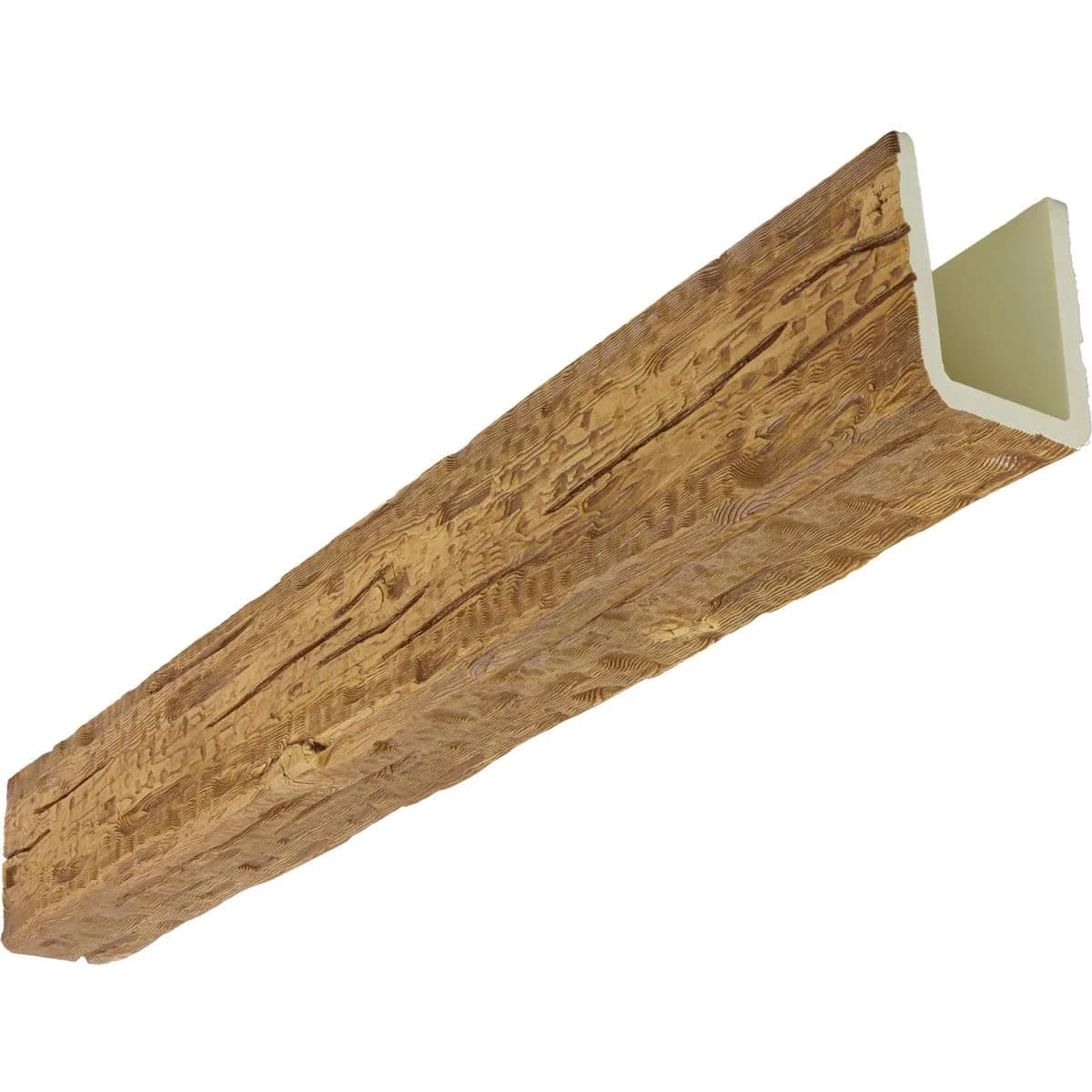 Ekena Millwork 5 1/2"W x 5 1/2"H x 24-ft. L 3-Sided U-Beam Salvaged Timber Faux Wood Ceiling Beam, Warm Caramel | Authentic US Design — Warm Caramel