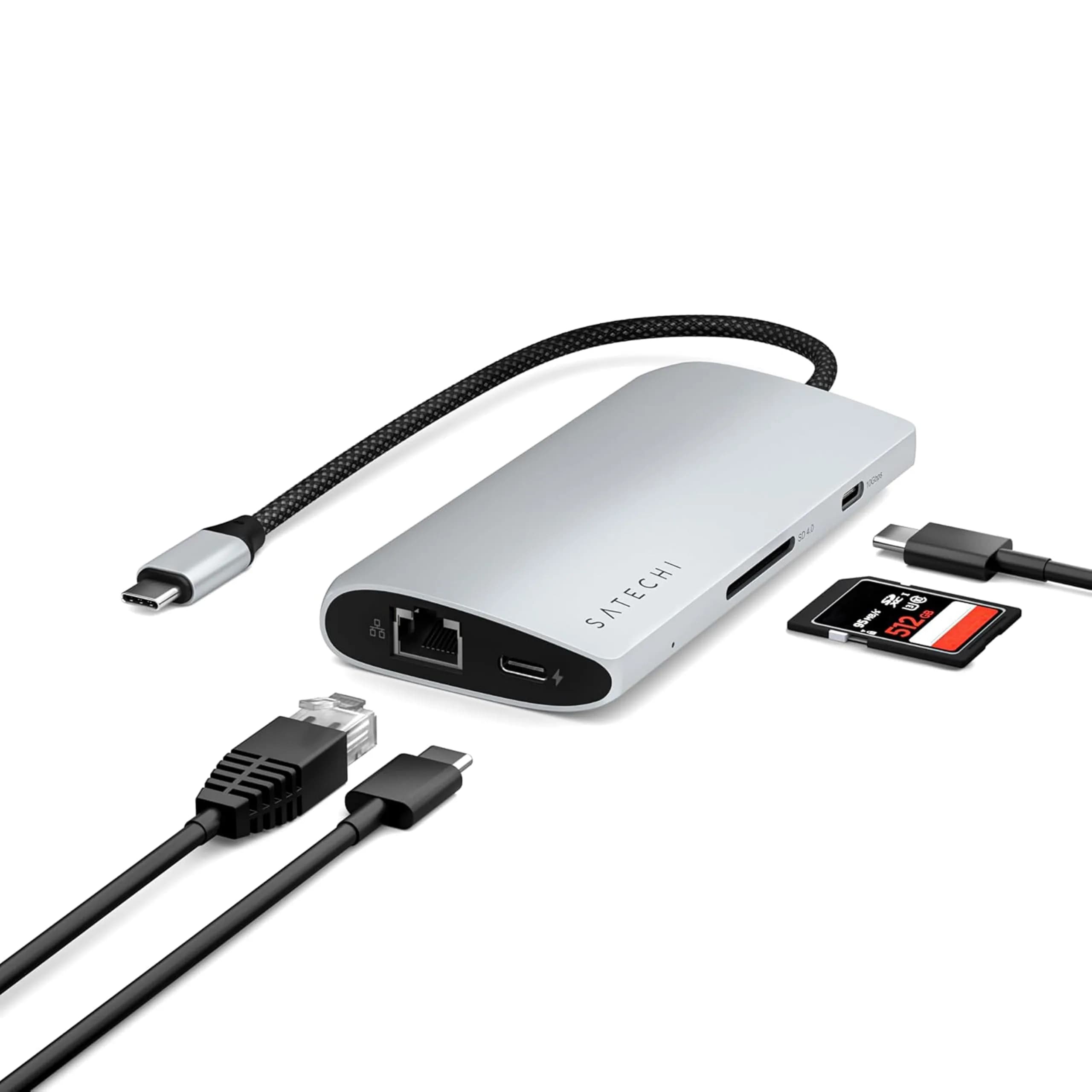 Satechi 8-in-1 USB-C Hub V3, 11.4cm (4.49in) x 5.4cm (2.13in) x 1.6cm (0.63in) | 8K HDMI, 100W PD Charging, 10Gbps Data, Ethernet, SD Card Reader, Silver — Silver