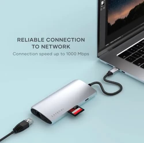 Satechi 8-in-1 USB-C Hub V3, 11.4cm (4.49in) x 5.4cm (2.13in) x 1.6cm (0.63in) | 8K HDMI, 100W PD Charging, 10Gbps Data, Ethernet, SD Card Reader, Silver thumbnail 6