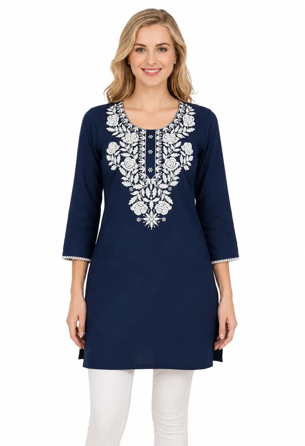 LIBOZA Rayon Chikankari Kurti for Women - Navy Blue XL | Lucknowi Tunic Top with Long Sleeves — Navy Blue