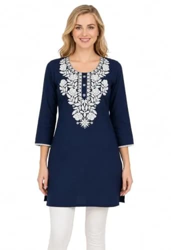 LIBOZA Rayon Chikankari Kurti for Women - Navy Blue XL | Lucknowi Tunic Top with Long Sleeves thumbnail 1