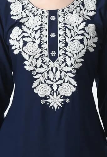 LIBOZA Rayon Chikankari Kurti for Women - Navy Blue XL | Lucknowi Tunic Top with Long Sleeves thumbnail 4