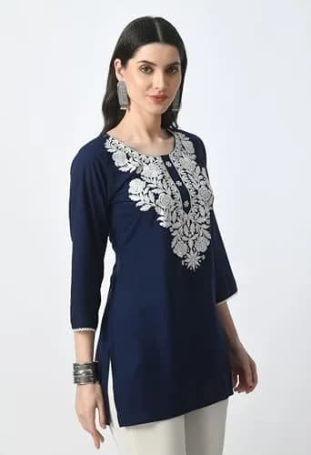 LIBOZA Rayon Chikankari Kurti for Women - Navy Blue XL | Lucknowi Tunic Top with Long Sleeves thumbnail 5