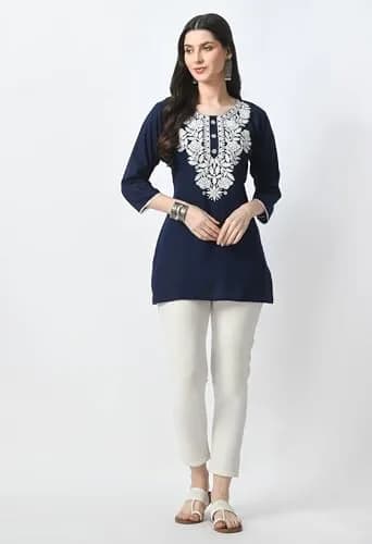 LIBOZA Rayon Chikankari Kurti for Women - Navy Blue XL | Lucknowi Tunic Top with Long Sleeves thumbnail 6