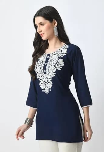 LIBOZA Rayon Chikankari Kurti for Women - Navy Blue XL | Lucknowi Tunic Top with Long Sleeves thumbnail 7