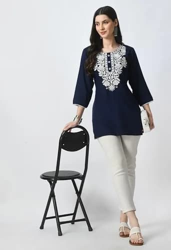 LIBOZA Rayon Chikankari Kurti for Women - Navy Blue XL | Lucknowi Tunic Top with Long Sleeves thumbnail 2
