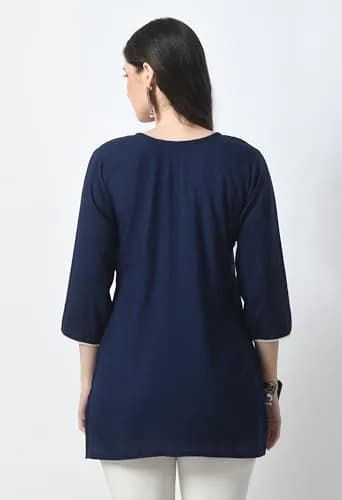 LIBOZA Rayon Chikankari Kurti for Women - Navy Blue XL | Lucknowi Tunic Top with Long Sleeves thumbnail 3